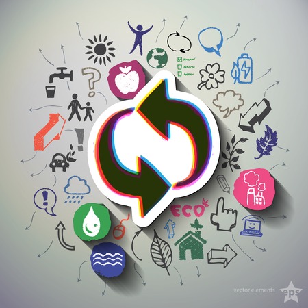 Ecology collage with icons background. Vector illustrationのイラスト素材