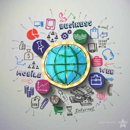 Mobile marketing collage with icons background. Vector illustrationのイラスト素材