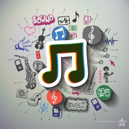 Entertainment and music collage with icons background. Vector illustrationのイラスト素材