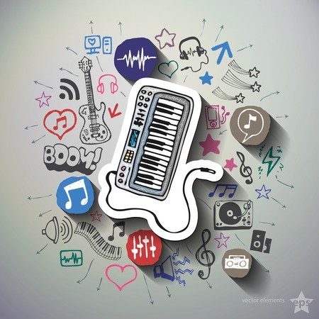 Entertainment and music collage with icons background. Vector illustrationのイラスト素材