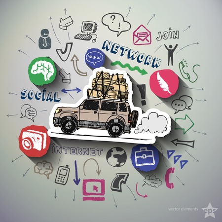 Social media collage with icons background. Vector illustrationのイラスト素材