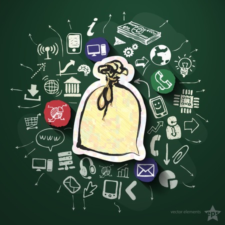 Financial collage with icons on blackboard. Vector illustrationのイラスト素材