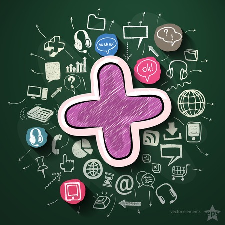 Social media collage with icons on blackboard. Vector illustrationのイラスト素材