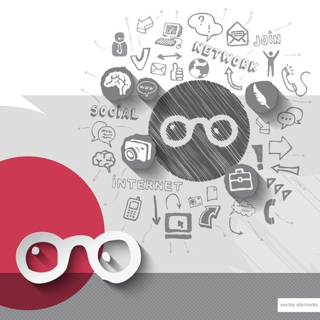 Paper and hand drawn spectacles emblem with icons background. Vector illustrationのイラスト素材