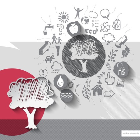Paper and hand drawn tree emblem with icons background. のイラスト素材