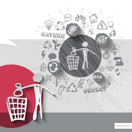 Paper and hand drawn recycling emblem with icons background.のイラスト素材