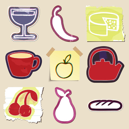Hand drawn food and drink emblems set. Isolated. Stickersのイラスト素材