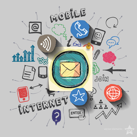 Envelope and collage with web icons background. Vector illustrationのイラスト素材