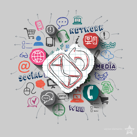 Envelope and collage with web icons background. Vector illustrationのイラスト素材