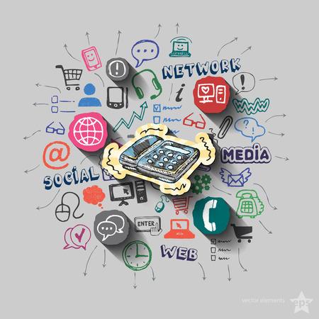 Phone and collage with web icons background. Vector illustrationのイラスト素材