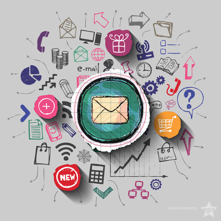 Envelope and collage with web icons background. Vector illustrationのイラスト素材