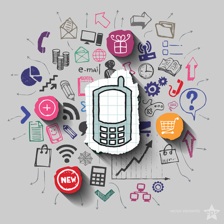 Phone and collage with web icons background. Vector illustrationのイラスト素材