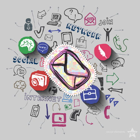 Envelope and collage with web icons background. Vector illustrationのイラスト素材