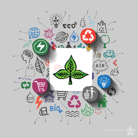 Ecology emblem. Environment collage with icons background. Vector illustrationのイラスト素材