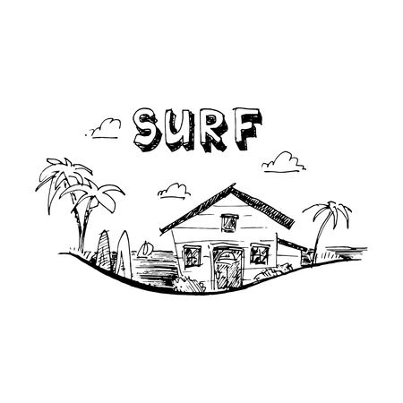 Surfing camp. Surfing school. Summer time. Vector illustration isolated on white backgroundのイラスト素材