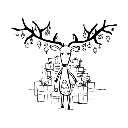 Reindeer and gifts. Vector illustration isolated on white backgroundのイラスト素材