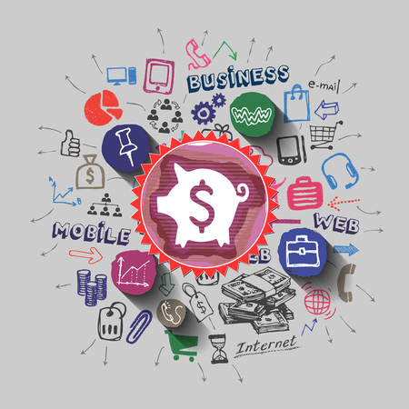 Piggy bank. Money bag collage with icons background.のイラスト素材