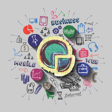 Graphic bar. Money bag collage with icons background. のイラスト素材