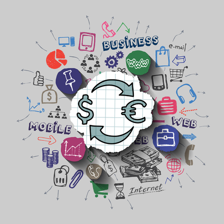 Currency exchange. Money bag collage with icons background.のイラスト素材