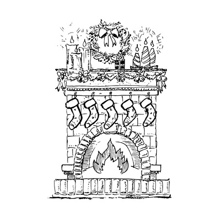 Christmas fireplace decorated. Vector illustration isolated on white backgroundのイラスト素材