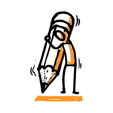 Stick man with big pencil. Hand drawn vector illustration isolated on white.のイラスト素材