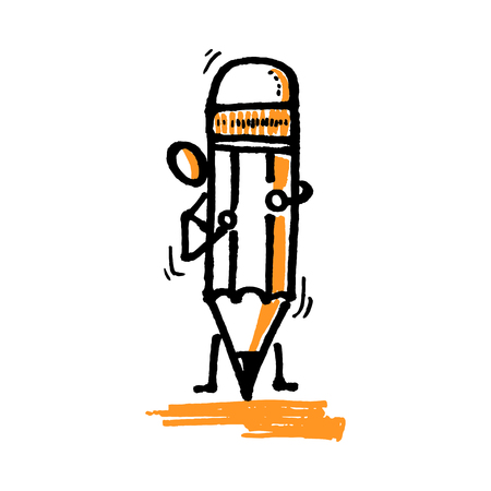 Stick man with big pencil. Hand drawn vector illustration isolated on white.のイラスト素材