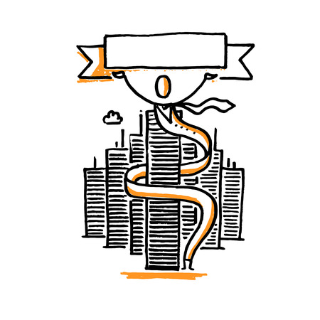 Successful businessman and office buildings. Hand drawn vector illustration isolated on white.のイラスト素材