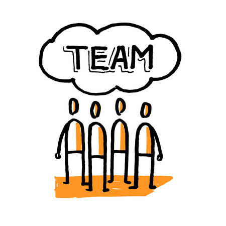 Stick people team. Word Team. Hand drawn vector illustration isolated on white.のイラスト素材