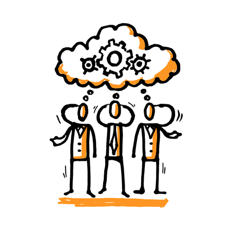 Team thinking about an idea. Hand drawn vector illustration isolated on white.のイラスト素材