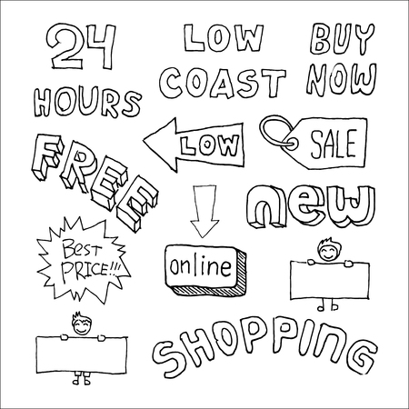 Words and elements for trade. Hand drawn vector illustration isolated on white.のイラスト素材