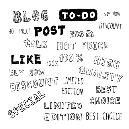 Words for marketing and trade. Hand drawn vector illustration isolated on white.のイラスト素材