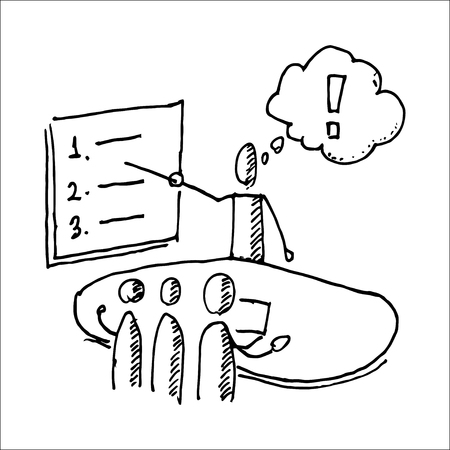 Stick man giving a presentation in business training lecture hall. Hand drawn vector illustration isolated on white.のイラスト素材