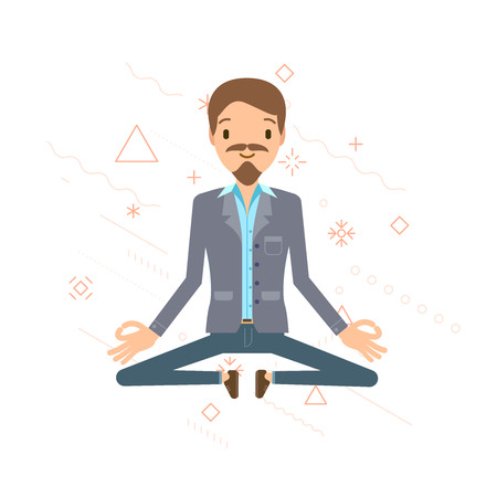 Business man hung in the air, meditating. Businessman sitting in lotus pose. Vector illustration, flat style.のイラスト素材