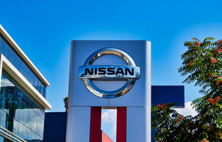 Official dealership sign of Nissan. Nissan is a Japanese multinational automaker