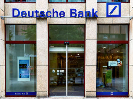DEUTSCHE Bank logo on August 13,2016 in Nurnberg, Germany.Deutsche Bank AG is a German global banking and financial services company with its headquarters in Frankfurt.のeditorial素材