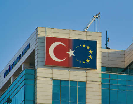 Turkey national agency of the european union presidency headquarters. Turkey and the european union flag.のeditorial素材