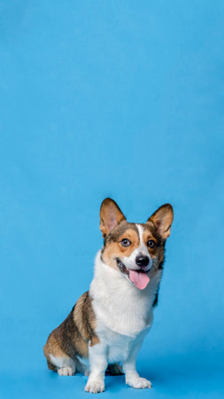a male corgi pembroke welsh photoshoot pet photography studio isolated with blue background christmas theme dress and decorationの写真素材