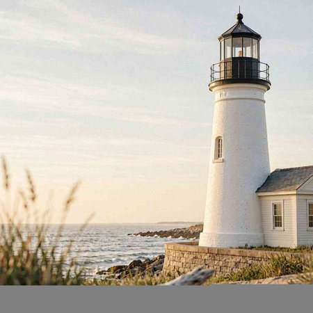 Lighthouse on the coast of Atlantic ocean in Maine, USA.