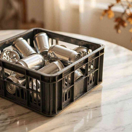 Metal beer cans in a black plastic box on a white marble table