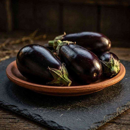 Fresh eggplants in a clay bowl on a wooden background.