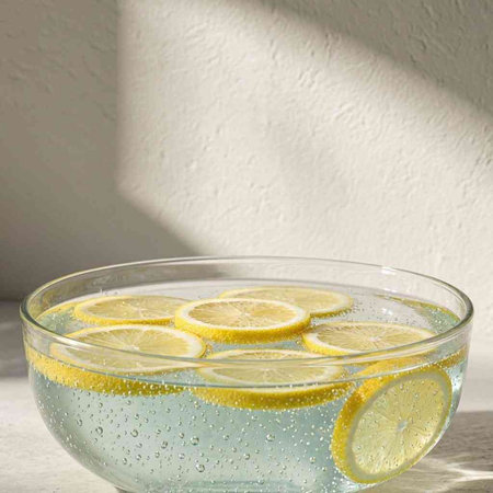 Lemonade in a glass bowl with lemon slices on a white background