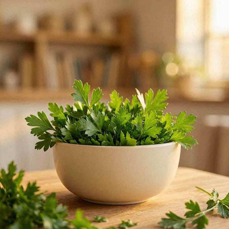 Parsley in a bowl on a wooden table in the kitchen