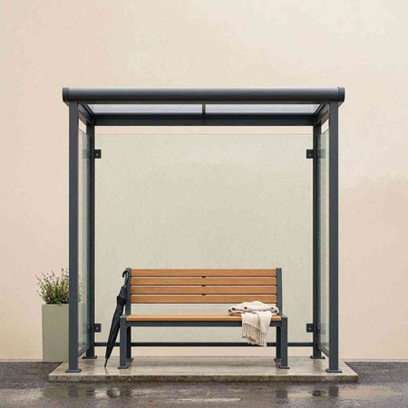3d rendering of a bench at a bus stop in the rain