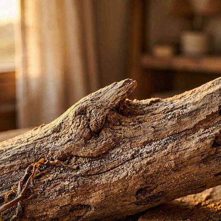 A tree trunk in a room with a window in the background.