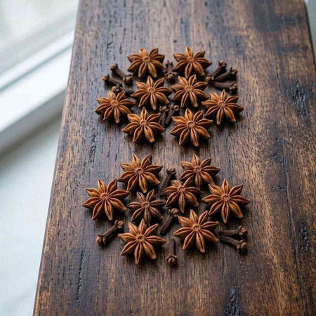Star anise on a wooden background. Spices for mulled wine.