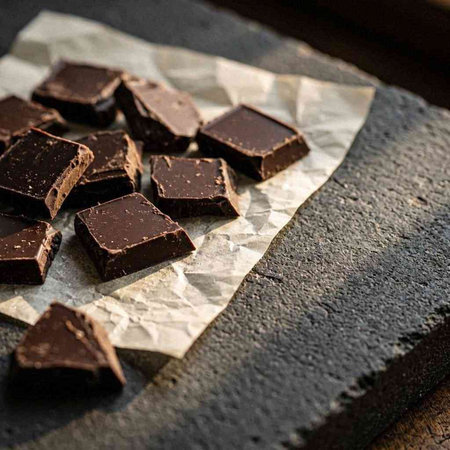 pieces of dark chocolate on a baking sheet, close-up.