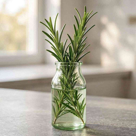 Rosemary in a glass vase on a kitchen countertop.