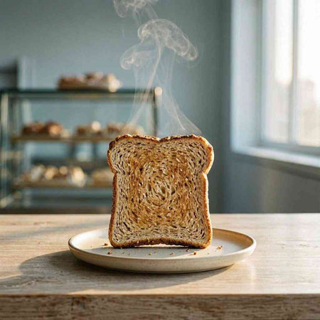 A slice of bread on a plate with smoke in the background.