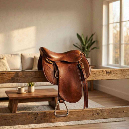 Brown leather saddle on a wooden bench in a room with a window