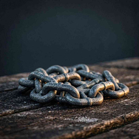 Rusty chain on a wooden surface. Black background. Copy space.